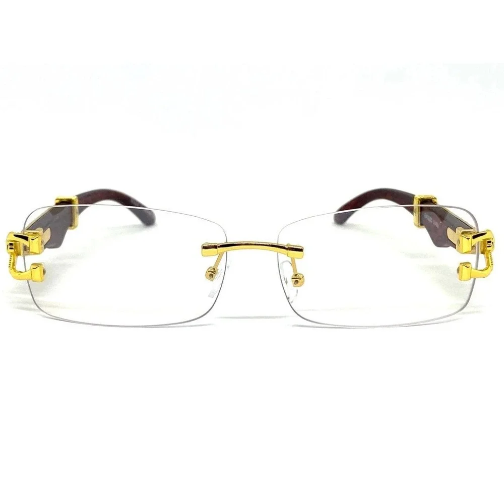Rimless Rectangle Gold Cheetah Women Eyeglasses Clear Lens Wood Arms Fashion New